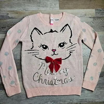 Buy CHRISTMAS Sweater Pink Silver Meowy Christmas Cat With Bow Juniors 7-9 • 19.69£