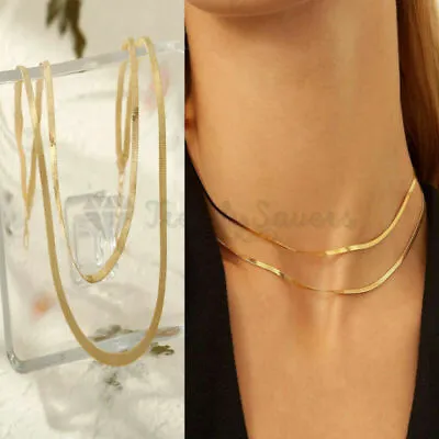 Buy 18K Gold Plated Double Layer Flat Herringbone Snake Chain Necklace Women Jewelry • 4.99£