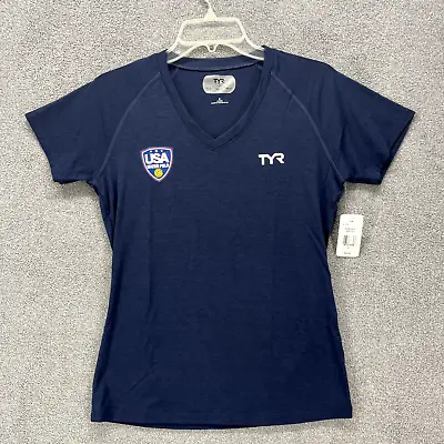 Buy TYR Top Womens Small Blue Alliance Tech USA Water Polo V Neck Short Sleeve Tee • 10.46£