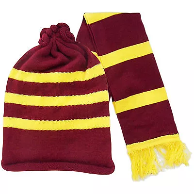 Buy Maroon Yellow Striped Potter Hat Scarf Set Fancy Dress World Book Harry Movie • 6.99£