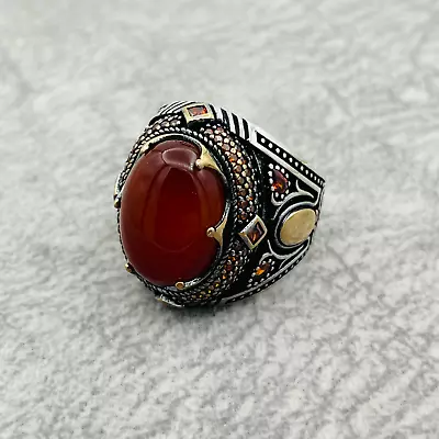 Buy Men's Authentic Ottoman Design 925 Sterling Silver Ring Natural Aqeeq Gemstone • 45.36£