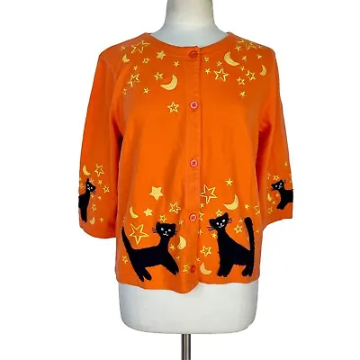 Buy MICHAEL SIMON Knit Cat Top Star Moon Orange Cotton 3/4 Sleeve Blouse Size M • 45.46£