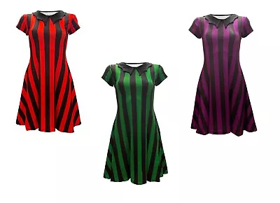Buy Women's Black Red Purple Stripes 50's Collar Swing Rockabilly Dress Halloween • 29.99£