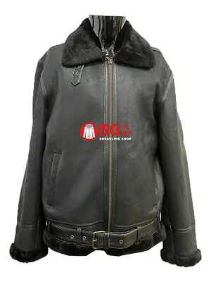 Buy Mens B3 Sheepskin Jacket Black Real Shearling Fur RAF Winter Belted Jacket P-658 • 150£