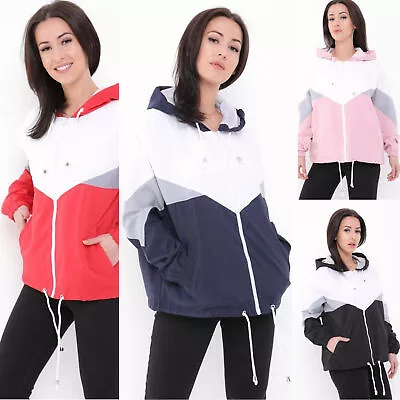 Buy New Womens Ladies Colour Block Contrast Windbreaker Hooded Festival Jacket • 12.99£