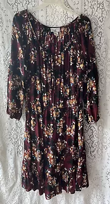 Buy Z Studio Floral Peasant Dress 1X Relaxed Fit Ruffle Bottom Rayon Burgendy/Wine • 14.17£