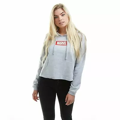Buy Official Marvel Ladies Box Logo Cropped Pullover Hood Grey Marl S -XL • 24.99£