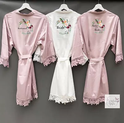 Buy Lace Personalised Bridesmaid Flower Bridal Wedding Satin Kimono Robe Short PJS • 12.99£