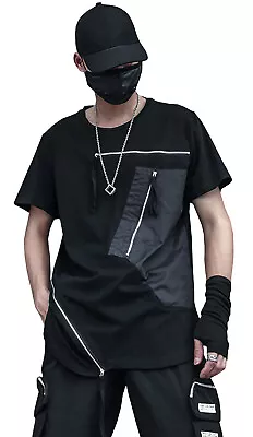 Buy Mens Patchwork Relaxed Fit Cargo Techwear Short Sleeve Tops T-shirt Black White • 23.99£