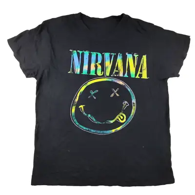 Buy Official Nirvana Rainbow Smiley Face T Shirt Size L Navy Band Tee • 16.99£