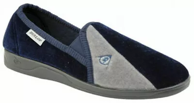 Buy Mens Dunlop Full Slippers Velour Two-Tone Twin Gusset Comfy Warm Navy / Grey • 13.99£
