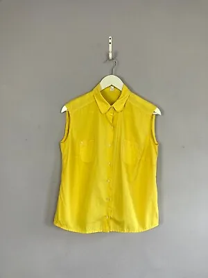 Buy Vintage Sleeveless Blouse, Shirt, Yellow, UK12-14, Peter Pan Collar, 80s, Retro • 9.99£