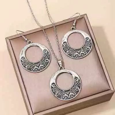 Buy Viking,Celtic,Nordic Style Round Silver Drop Earring Necklace Set-Gift Set • 14.99£