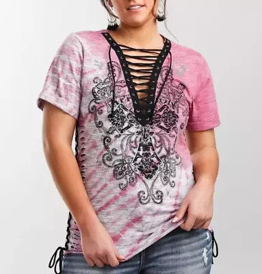 Buy Affliction Women's DIAMONDHEAD Pink Short Sleeve Lace Up T-Shirt Size LARGE NWT • 34.96£