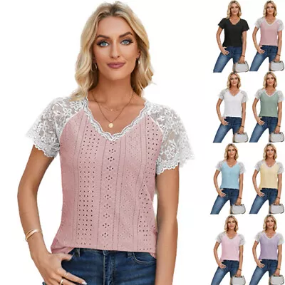 Buy UK Womens Summer Tops Lace Sleeve V Neck Blouse Beach Casual Hollow Cool T Shirt • 9.79£