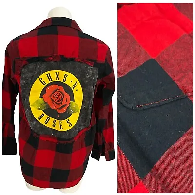 Buy Upcycled Flannel Shirt Womens Medium Guns N Rose Red Plaid Country Grunge Rock • 38.90£