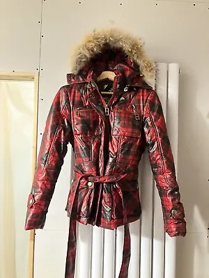Buy Ladies Vintage Red And Black Fur Trim Hood Large Small Chloe Coat • 52.50£