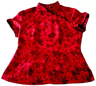 Buy R&K Oriental Asian Style Red Black Floral Satin Top Sz 16 Short Sl Mock Neck Vtg • 18.89£