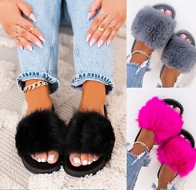 Buy Womens Ladies Faux Fluffy Fur Sliders Warm Fashion Slip On Muler Slippers Shoes • 9.99£