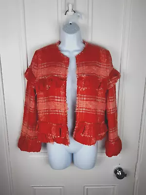 Buy Zara Ladies Jacket Red Tweed Bouccle Check Print With Fringes Size Small • 12.50£