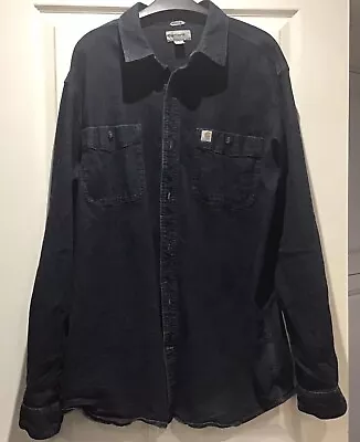 Buy Carhartt Denim Shirt Jacket Mens Size L Dark Blue Pocket Logo Skater Relaxed Fit • 29.99£