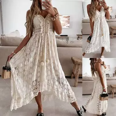 Buy Womens Lace Boho Strappy Maxi Dress Ladies Summer Holiday Beach Floral Sundress • 4.29£