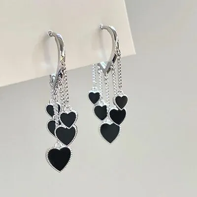Buy Fashion Black Heart Tassel Stud Earrings HooP Drop Dangle Women Jewelry Party • 3.35£