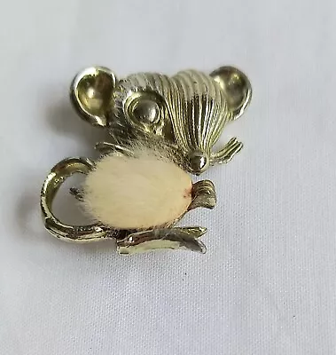 Buy Mouse Animal Brooch Vintage Gold Tone White Fur Trim 3cm Costume Jewellery 1950s • 8.99£