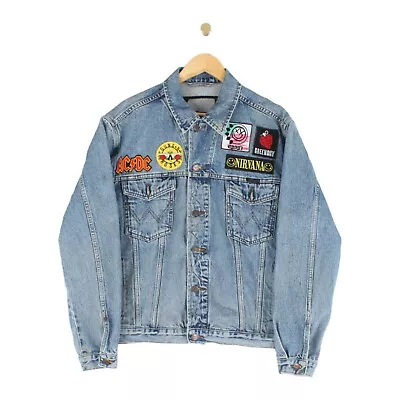 Buy Vintage Wrangler Denim Jacket Patch Rock Custom Blue Mens Size L • 39.99£