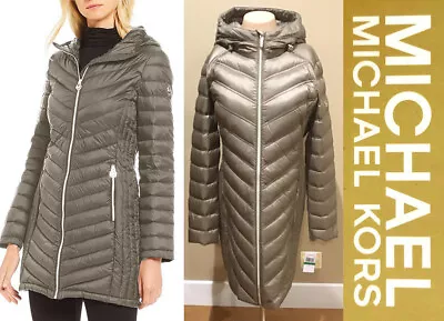 Buy NWT Michael Kors Hood Down Fill TAUPE Puffer Longline Jacket Coat Sz. M Chevron • 111.67£