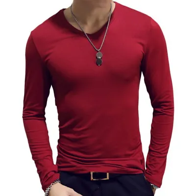 Buy Mens V-Neck Long Sleeve T-Shirts Top Casual Slim Fit T-shirt Fitness Activewear. • 6.61£