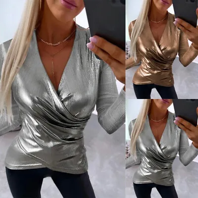 Buy Women Sexy V-Neck Slim Fit Blouse Tops Ladies Long Sleeve Shirts T-Shirts Tee • 21.73£