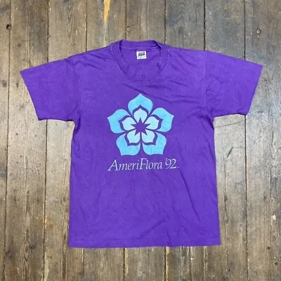 Buy Anvil AmeriFlora 1992 T-Shirt Graphic Print Single Stitch Tee, Purple Mens Large • 12£