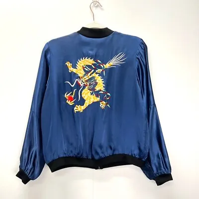 Buy Urban Renewal Repurposed Vintage Blue Satin Chinese Bomber Jacket Embroidered S • 37.15£