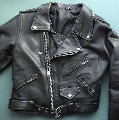 Buy Men's Black Leather Biker Jacket XS S 34  - 36  Women's Vintage 70s 1980s ? • 59.99£