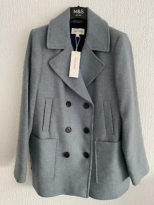 Buy Ladies M&s Per Una Size 14 Blue Fleck Mix Italian Wool Rich Pea Coat Jacket • 39.99£