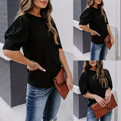 Buy Womens Solid Casual Round Neck Short Puff Sleeve T Shirt Tunic Tops Tees Blosues • 10.69£
