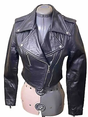 Buy Vintage Highway One Womens Leather Jacket Black Cropped Motorcycle Size XS • 94.07£