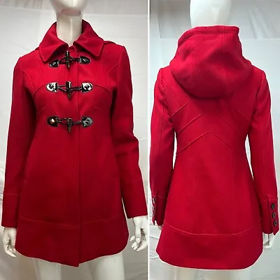 Buy Women's GUESS Red Long Wool Hooded Toggle Zip Winter Pea Coat Jacket Small • 71.24£