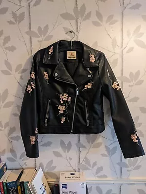 Buy Faux Leather Jacket With Embroidered Pink Floral Pattern  • 5£