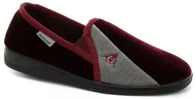 Buy Mens Dunlop Full Slippers Velour Two-Tone Twin Gusset Comfy Warm Burgundy / Grey • 13.99£