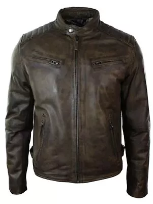 Buy Mens Slim Fit Retro Style Zipped Biker Jacket Real Washed Leather Brown Urban • 115.49£