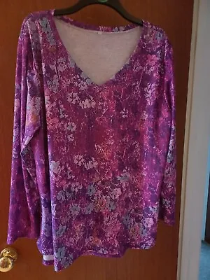 Buy Ladies Long Sleeve Burgundy V Neck Floral Print Tunic Casual Top 3XL/22 BNWOT • 3.99£