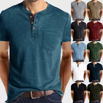 Buy Mens Henley Button V Neck Shirts Grandad Plain Short Sleeve Tops T Shirt UK36-44 • 3.59£