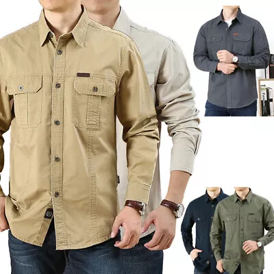 Buy Men Military Army Shirts Casual Tactical Work Button Pocket T Shirt Long Sleeve • 15.99£