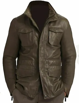 Buy Men's Leather Jacket Biker Style Real Lambskin Classic Brown Field Coat Jacket • 98£