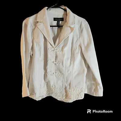 Buy Lauren Ralph Lauren Denim Jacket Womens 12 Petite White Cotton Knot Crochet • 24.09£