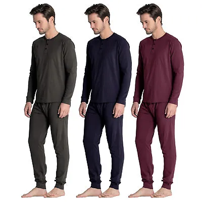 Buy Mens Pyjamas Sets PJ's Nightwear Loungewear Button Up Long Sleeve Henley Tops • 12.89£