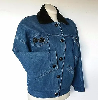 Buy Womens Jean Jacket Coat Blue Denim Jacket Sequin Leaves Lined Bomber Style Sz M • 46.33£
