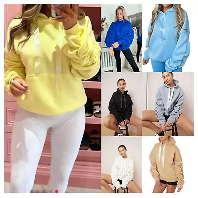 Buy Womens Ruched Sleeve Fleece Hoodie Ladies Oversized Pocket Sweatshirt Jumper Top • 18.69£